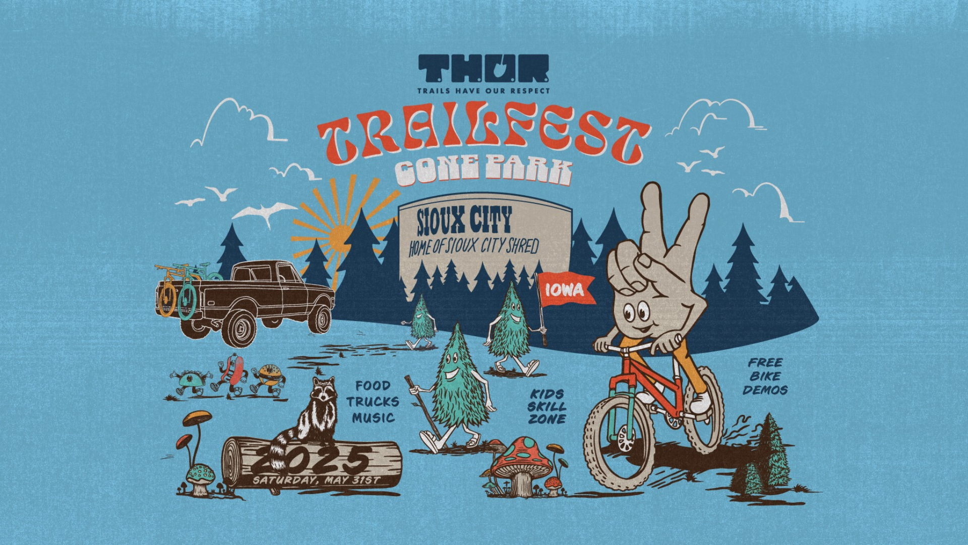 Illustrated poster for TRAILFEST at Cone Park, Sioux City, Iowa. Features trees, a jeep, food truck, music, a kids’ skills zone, a cartoon hand character biking, event date May 31st, and “FREE BIKE DEMOS” text.