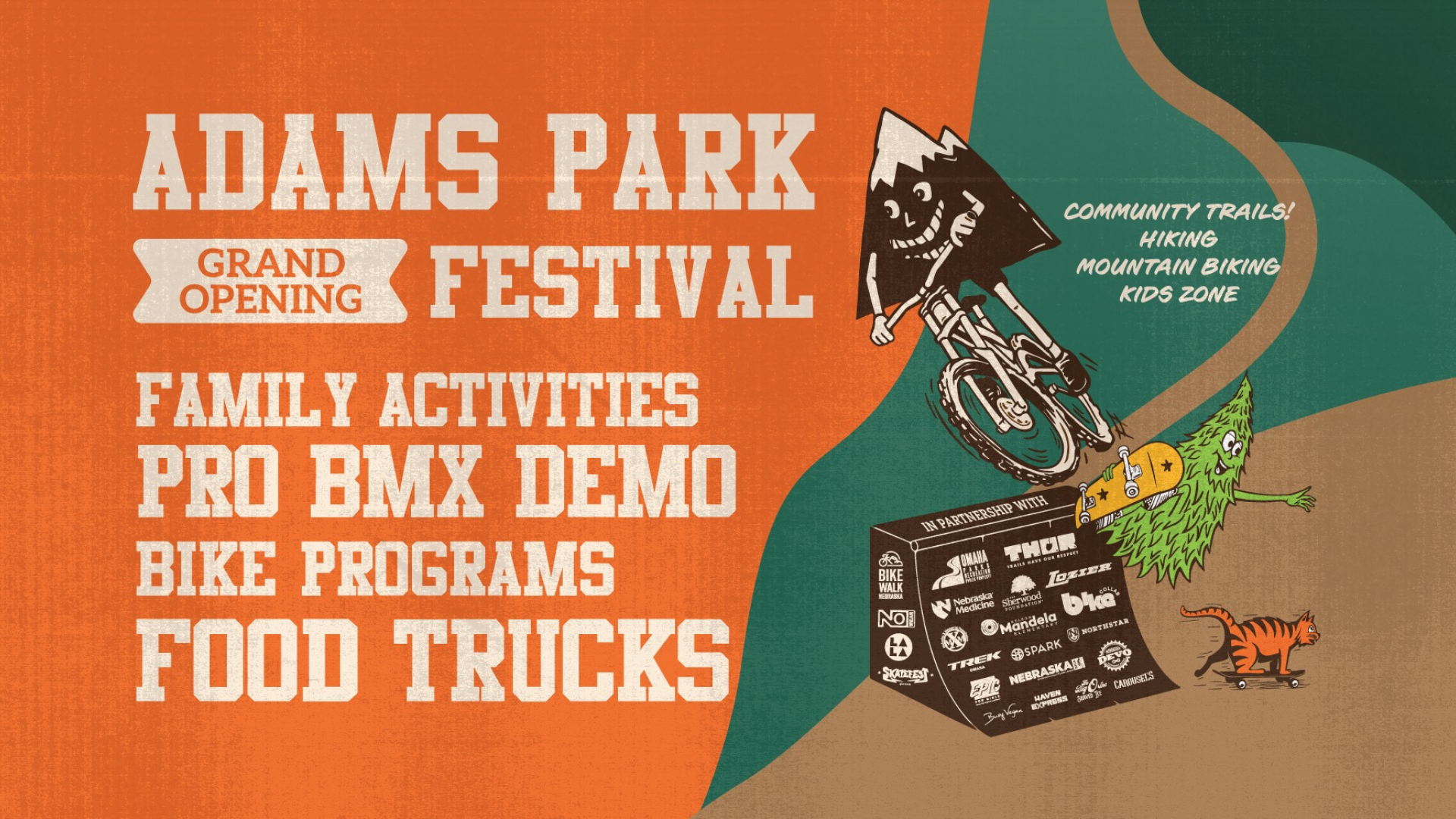 Adams Park Festival poster with details: grand opening, family activities, pro BMX demo, bike programs, food trucks; includes cartoon mountain biking character, forest creatures, sponsor logos, and trail info.